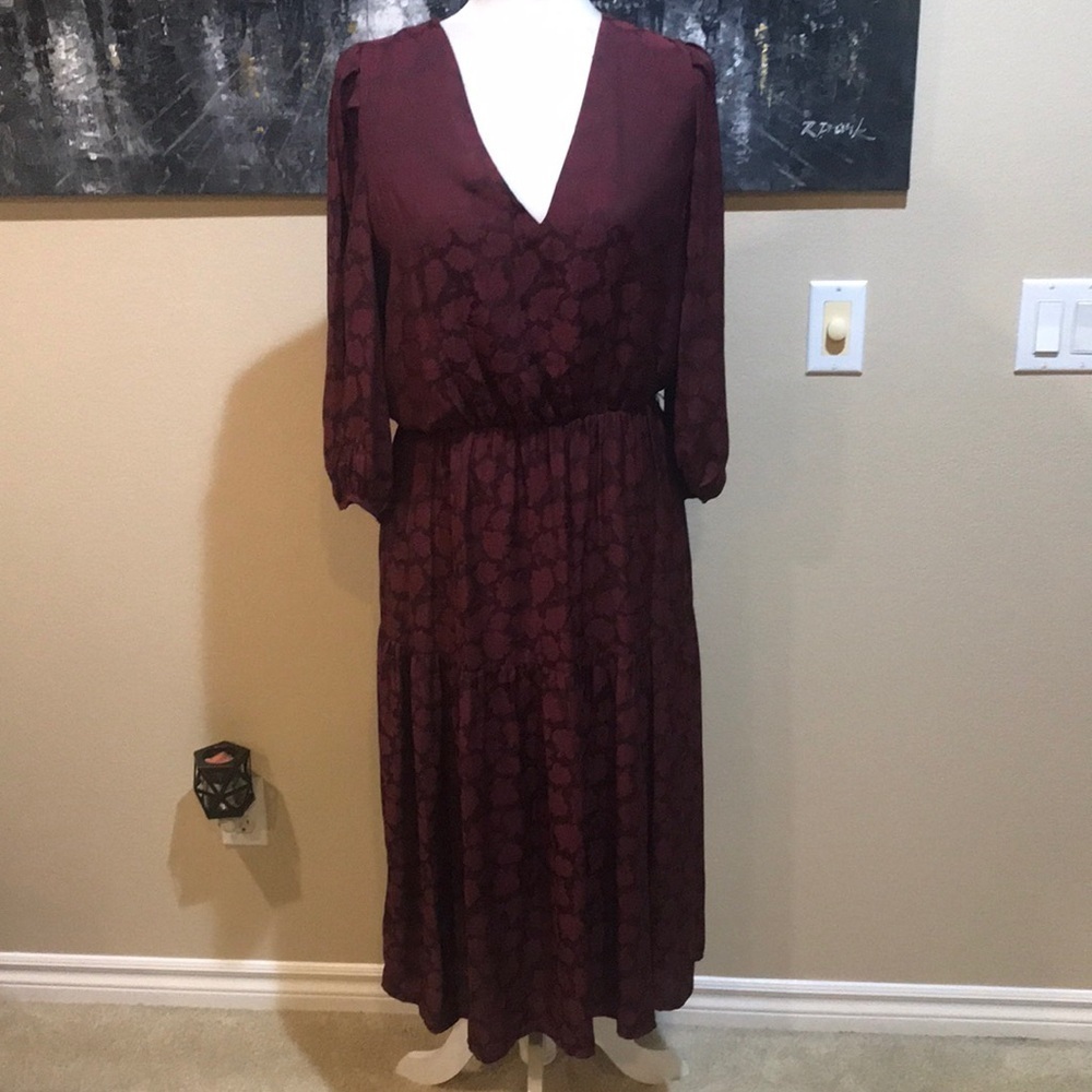 NWT Banana Republic Bordeaux Satin Midi Dress w/Puffed Sleeves Elastic Waist-M